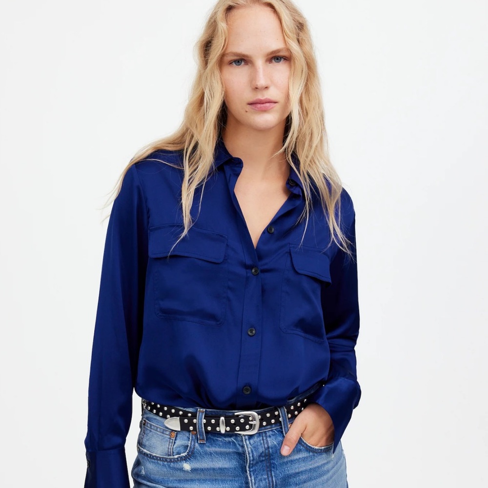 Madewell silk flap pocket button up shirt